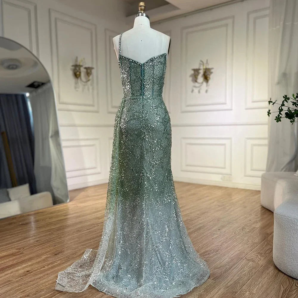 Vestido de noche de lujo con tirantes finos, abertura alta y cuentas, estilo sirena azul, para mujer, ideal para bodas y fiestas (LA72434) 