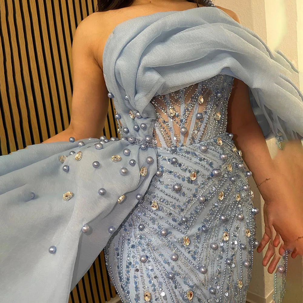 Vestido de noche de sirena de lujo, azul, con un solo hombro, abertura, perlas y cuentas, modelo LA72244A, para mujer. 