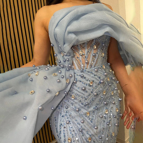 Vestido de noche de sirena de lujo, azul, con un solo hombro, abertura, perlas y cuentas, modelo LA72244A, para mujer. 