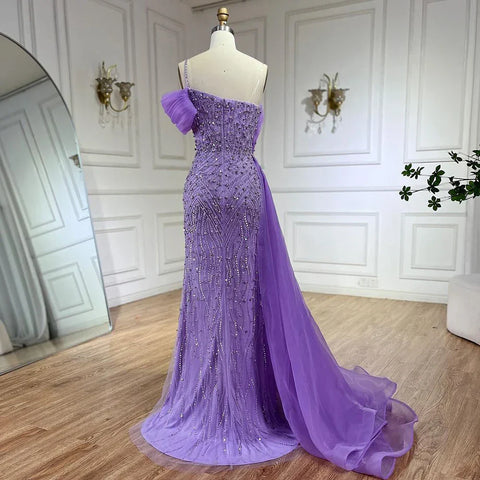 Vestido de noche de sirena de lujo, azul, con un solo hombro, abertura, perlas y cuentas, modelo LA72244A, para mujer. 