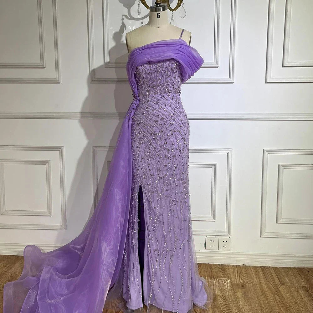 Vestido de noche de sirena de lujo, azul, con un solo hombro, abertura, perlas y cuentas, modelo LA72244A, para mujer. 