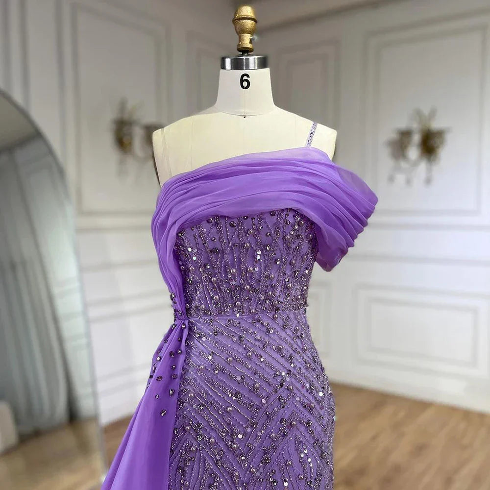 Vestido de noche de sirena de lujo, azul, con un solo hombro, abertura, perlas y cuentas, modelo LA72244A, para mujer. 