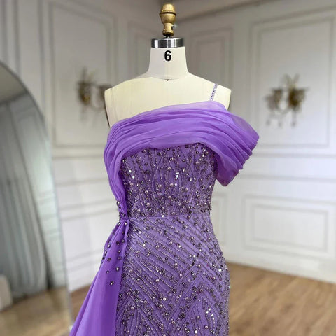 Vestido de noche de sirena de lujo, azul, con un solo hombro, abertura, perlas y cuentas, modelo LA72244A, para mujer. 