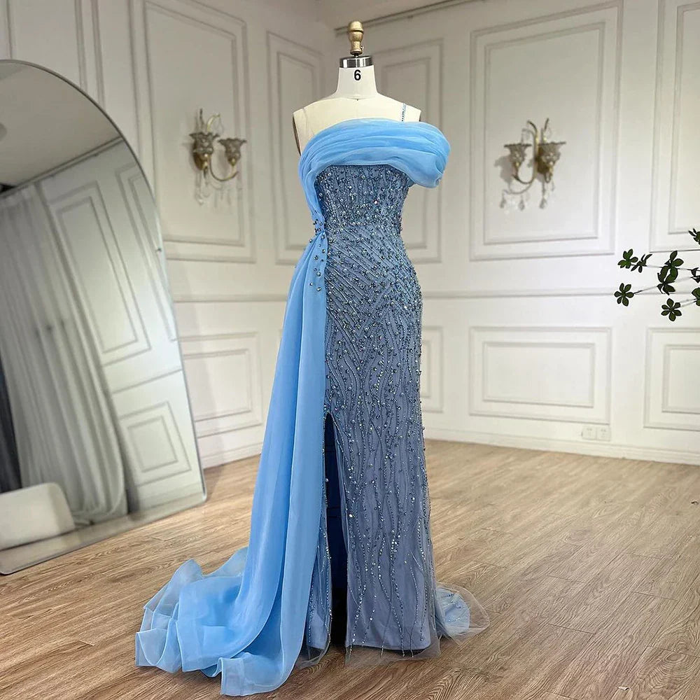 Vestido de noche de sirena de lujo, azul, con un solo hombro, abertura, perlas y cuentas, modelo LA72244A, para mujer. 