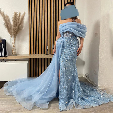 Vestido de noche de sirena de lujo, azul, con un solo hombro, abertura, perlas y cuentas, modelo LA72244A, para mujer. 