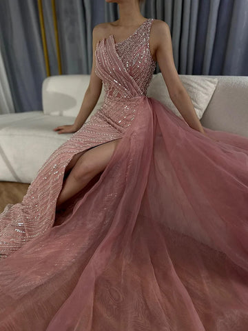 2025 Blue One Shoulder Split Saudi Evening Gown with Beaded Side Overskirt Dress for Formal Occasion LA72732