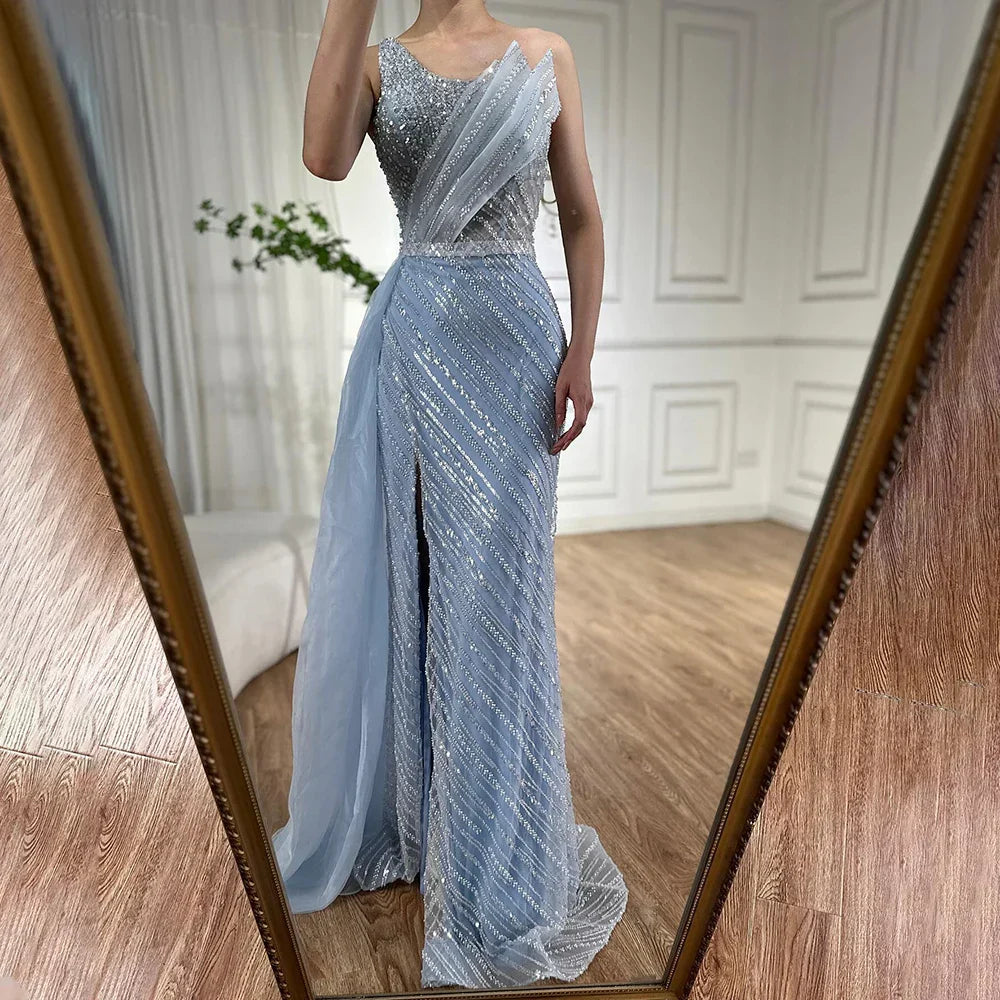 Vestido de noche saudí azul de un solo hombro con abertura y sobrefalda lateral con cuentas para ocasiones formales LA72732 