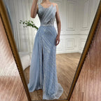 Vestido de noche saudí azul de un solo hombro con abertura y sobrefalda lateral con cuentas para ocasiones formales LA72732 