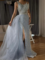 Vestido de noche saudí azul de un solo hombro con abertura y sobrefalda lateral con cuentas para ocasiones formales LA72732 