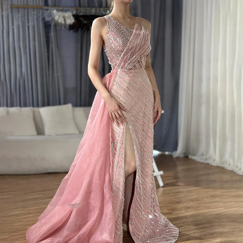 2025 Blue One Shoulder Split Saudi Evening Gown with Beaded Side Overskirt Dress for Formal Occasion LA72732