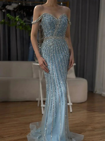 Vestido de noche de sirena azul con cuentas, de lujo, estilo saudí, para ocasiones formales (LA72715A) 