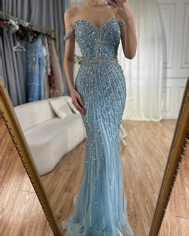 Vestido de noche de sirena azul con cuentas, de lujo, estilo saudí, para ocasiones formales (LA72715A) 