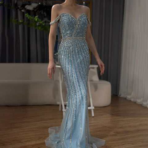 Vestido de noche de sirena azul con cuentas, de lujo, estilo saudí, para ocasiones formales (LA72715A) 