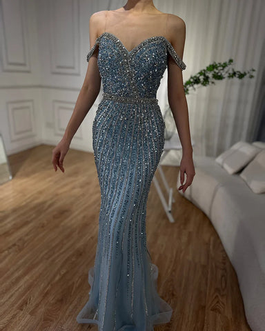Vestido de noche de sirena azul con cuentas, de lujo, estilo saudí, para ocasiones formales (LA72715A) 