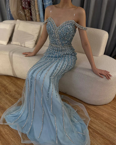 Vestido de noche de sirena azul con cuentas, de lujo, estilo saudí, para ocasiones formales (LA72715A) 