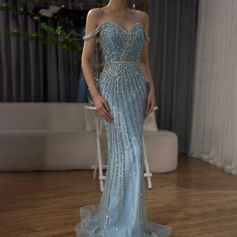 Vestido de noche de sirena azul con cuentas, de lujo, estilo saudí, para ocasiones formales (LA72715A) 