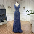 Vestidos de noche de lujo de Dubai con tirantes finos azules, plumas y cuentas para bodas y fiestas de mujeres LA72525 (2025) 