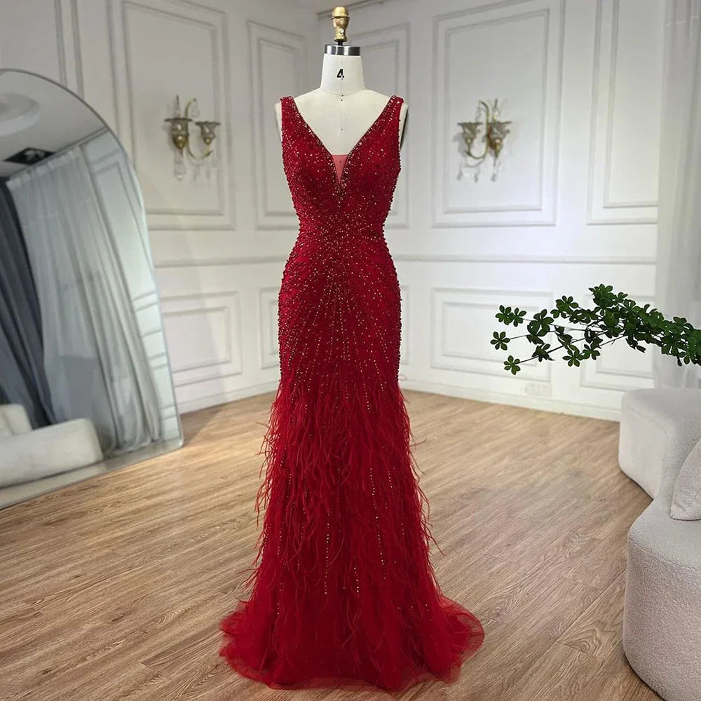 Vestidos de noche de lujo de Dubai con tirantes finos azules, plumas y cuentas para bodas y fiestas de mujeres LA72525 (2025) 