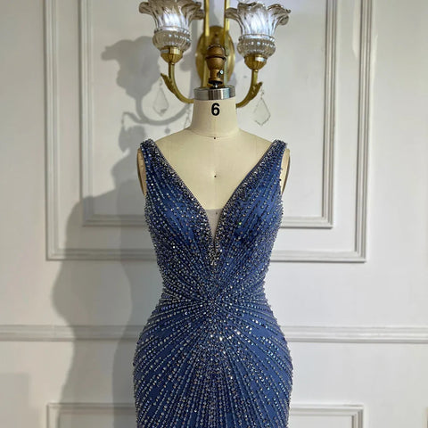 Vestidos de noche de lujo de Dubai con tirantes finos azules, plumas y cuentas para bodas y fiestas de mujeres LA72525 (2025) 