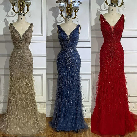 Vestidos de noche de lujo de Dubai con tirantes finos azules, plumas y cuentas para bodas y fiestas de mujeres LA72525 (2025) 