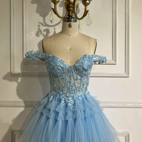 Vestido de fiesta de lujo azul con tirantes finos, corte en A, apliques de encaje y cordones, modelo LA72621 (2025) 