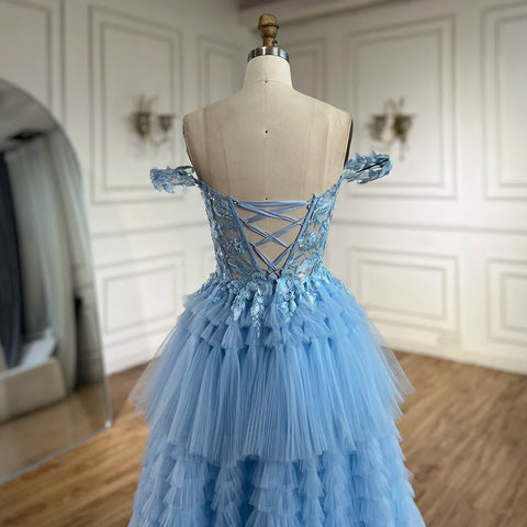 Vestido de fiesta de lujo azul con tirantes finos, corte en A, apliques de encaje y cordones, modelo LA72621 (2025) 