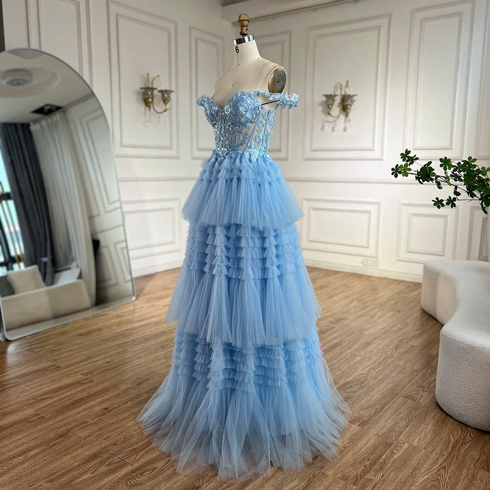 Vestido de fiesta de lujo azul con tirantes finos, corte en A, apliques de encaje y cordones, modelo LA72621 (2025) 