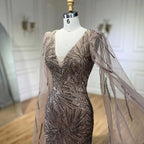 Vestido de noche de lujo color caramelo con mangas tipo capa de sirena, lentejuelas y cuentas, estilo Dubai, para mujer, ideal para bodas y fiestas (LA72428) 