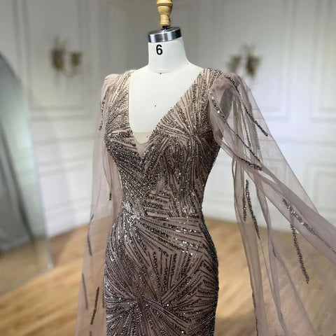 Vestido de noche de lujo color caramelo con mangas tipo capa de sirena, lentejuelas y cuentas, estilo Dubai, para mujer, ideal para bodas y fiestas (LA72428) 