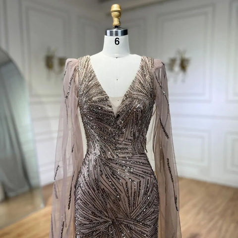 Vestido de noche de lujo color caramelo con mangas tipo capa de sirena, lentejuelas y cuentas, estilo Dubai, para mujer, ideal para bodas y fiestas (LA72428) 