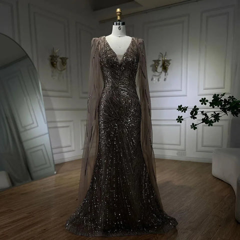 Vestido de noche de lujo color caramelo con mangas tipo capa de sirena, lentejuelas y cuentas, estilo Dubai, para mujer, ideal para bodas y fiestas (LA72428) 