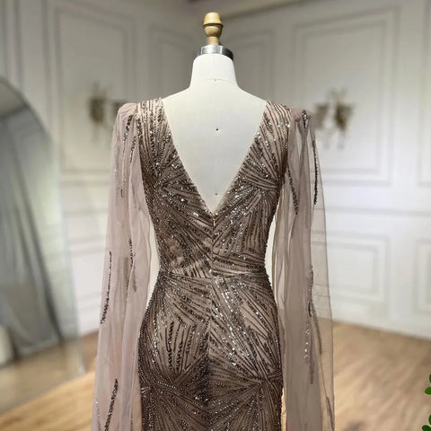 Vestido de noche de lujo color caramelo con mangas tipo capa de sirena, lentejuelas y cuentas, estilo Dubai, para mujer, ideal para bodas y fiestas (LA72428) 