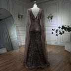 Vestido de noche de lujo color caramelo con mangas tipo capa de sirena, lentejuelas y cuentas, estilo Dubai, para mujer, ideal para bodas y fiestas (LA72428) 