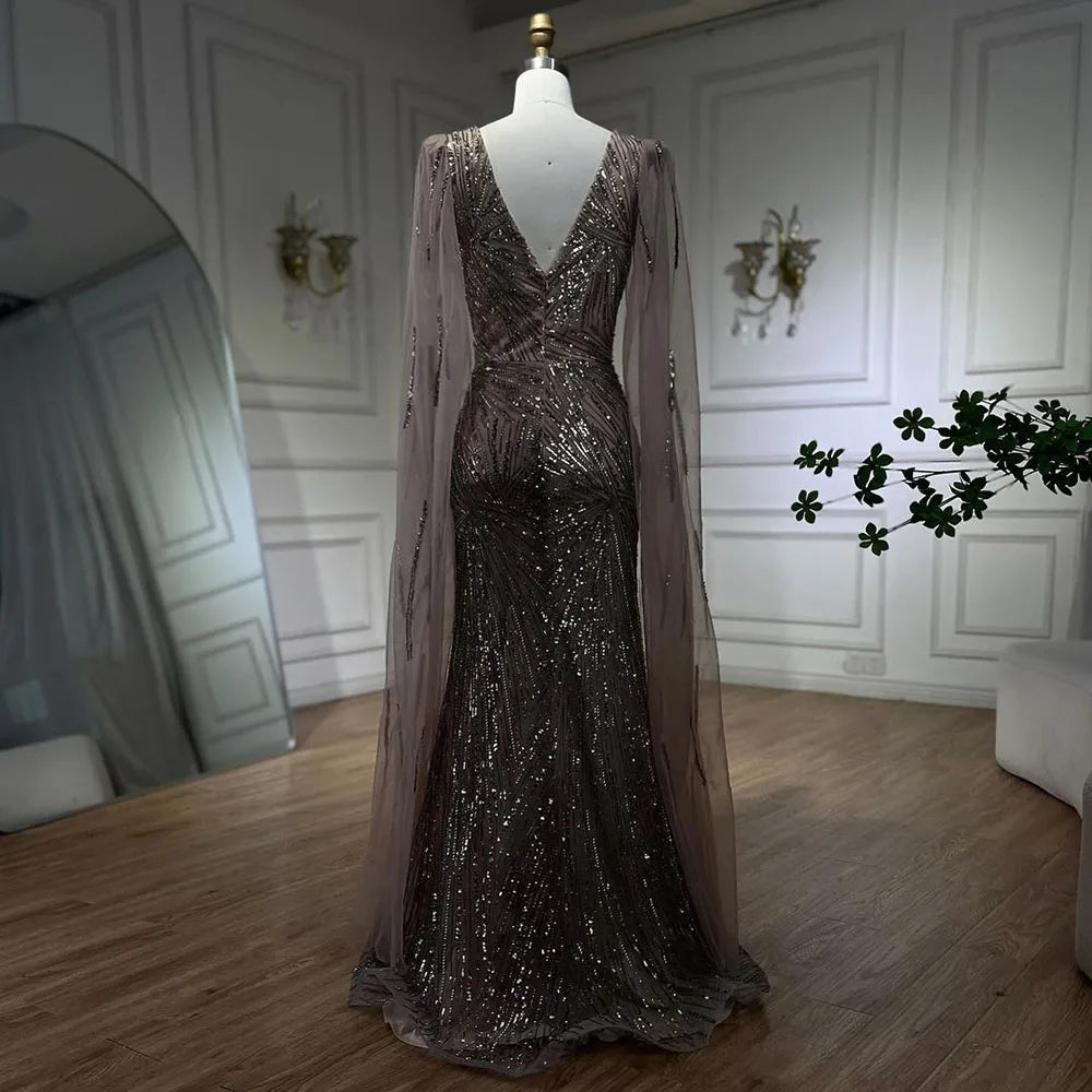 Vestido de noche de lujo color caramelo con mangas tipo capa de sirena, lentejuelas y cuentas, estilo Dubai, para mujer, ideal para bodas y fiestas (LA72428) 