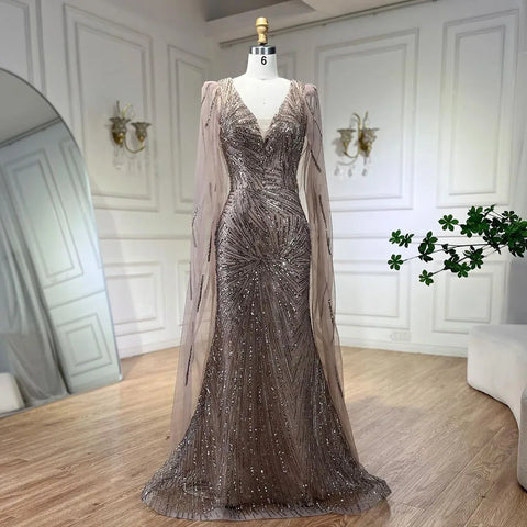 Vestido de noche de lujo color caramelo con mangas tipo capa de sirena, lentejuelas y cuentas, estilo Dubai, para mujer, ideal para bodas y fiestas (LA72428) 