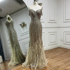 Vestido de noche de lujo saudí con tirantes finos color caramelo, estilo sirena, con plumas y cuentas, ideal para ocasiones formales (LA72715) 