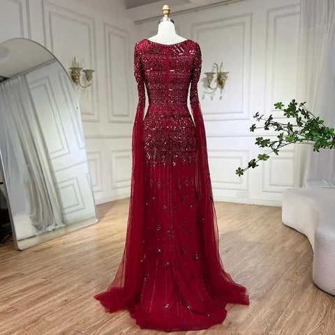 Luxury Wine Red Burgundy Evening Dress with Cape Sleeves LA72355A