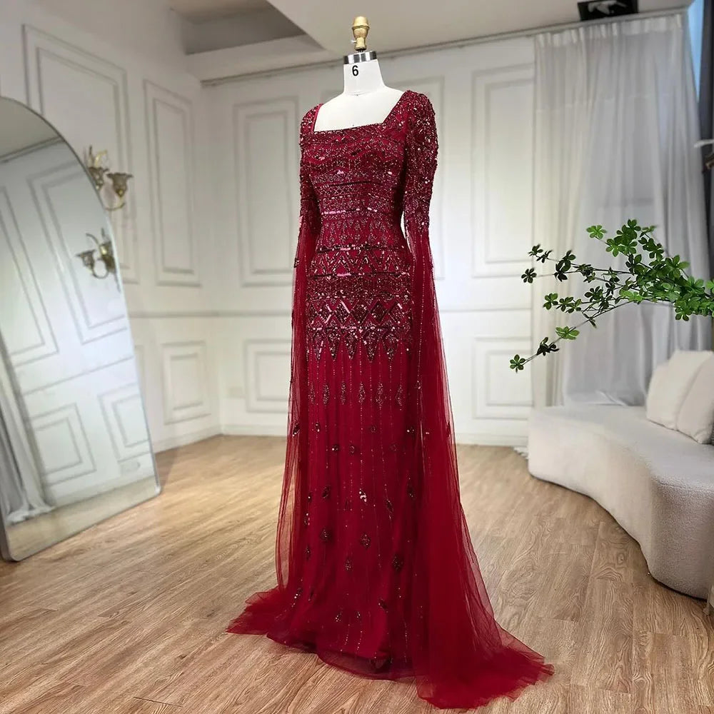 Luxury Wine Red Burgundy Evening Dress with Cape Sleeves LA72355A