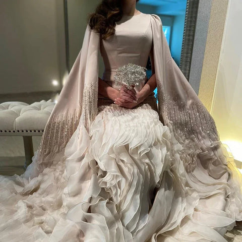 Luxury Mermaid Nude Evening Dresses with Cape Sleeves LA72317A