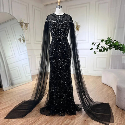 Vestido de noche de lujo con mangas de capa, estilo sirena, verde árabe, elegante, con cuentas, estilo Dubai 2025, para mujer, ideal para bodas y fiestas (LA72437) 
