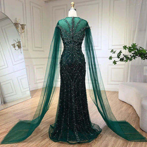 Vestido de noche de lujo con mangas de capa, estilo sirena, verde árabe, elegante, con cuentas, estilo Dubai 2025, para mujer, ideal para bodas y fiestas (LA72437) 