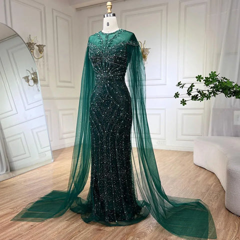 Vestido de noche de lujo con mangas de capa, estilo sirena, verde árabe, elegante, con cuentas, estilo Dubai 2025, para mujer, ideal para bodas y fiestas (LA72437) 