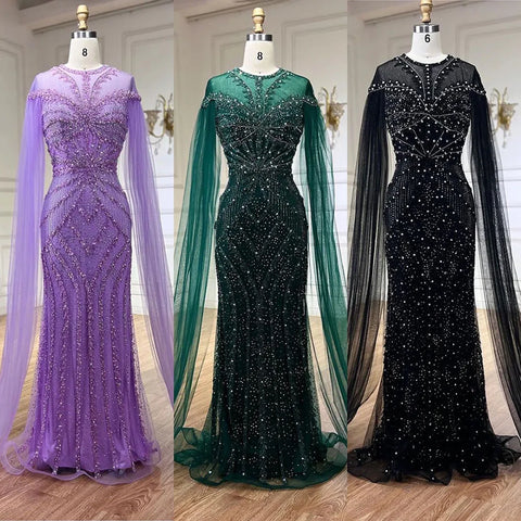 Vestido de noche de lujo con mangas de capa, estilo sirena, verde árabe, elegante, con cuentas, estilo Dubai 2025, para mujer, ideal para bodas y fiestas (LA72437) 