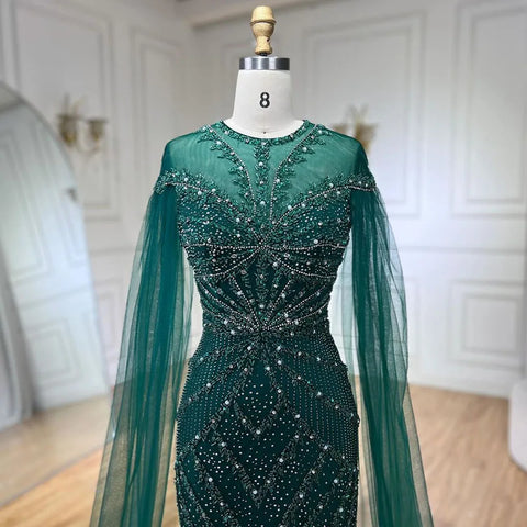 Vestido de noche de lujo con mangas de capa, estilo sirena, verde árabe, elegante, con cuentas, estilo Dubai 2025, para mujer, ideal para bodas y fiestas (LA72437) 