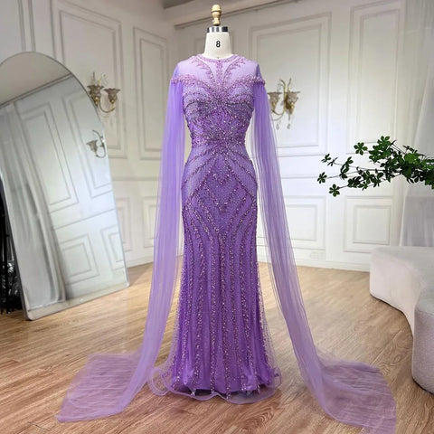 Vestido de noche de lujo con mangas de capa, estilo sirena, verde árabe, elegante, con cuentas, estilo Dubai 2025, para mujer, ideal para bodas y fiestas (LA72437) 