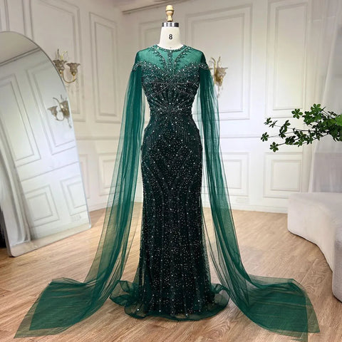 Vestido de noche de lujo con mangas de capa, estilo sirena, verde árabe, elegante, con cuentas, estilo Dubai 2025, para mujer, ideal para bodas y fiestas (LA72437) 