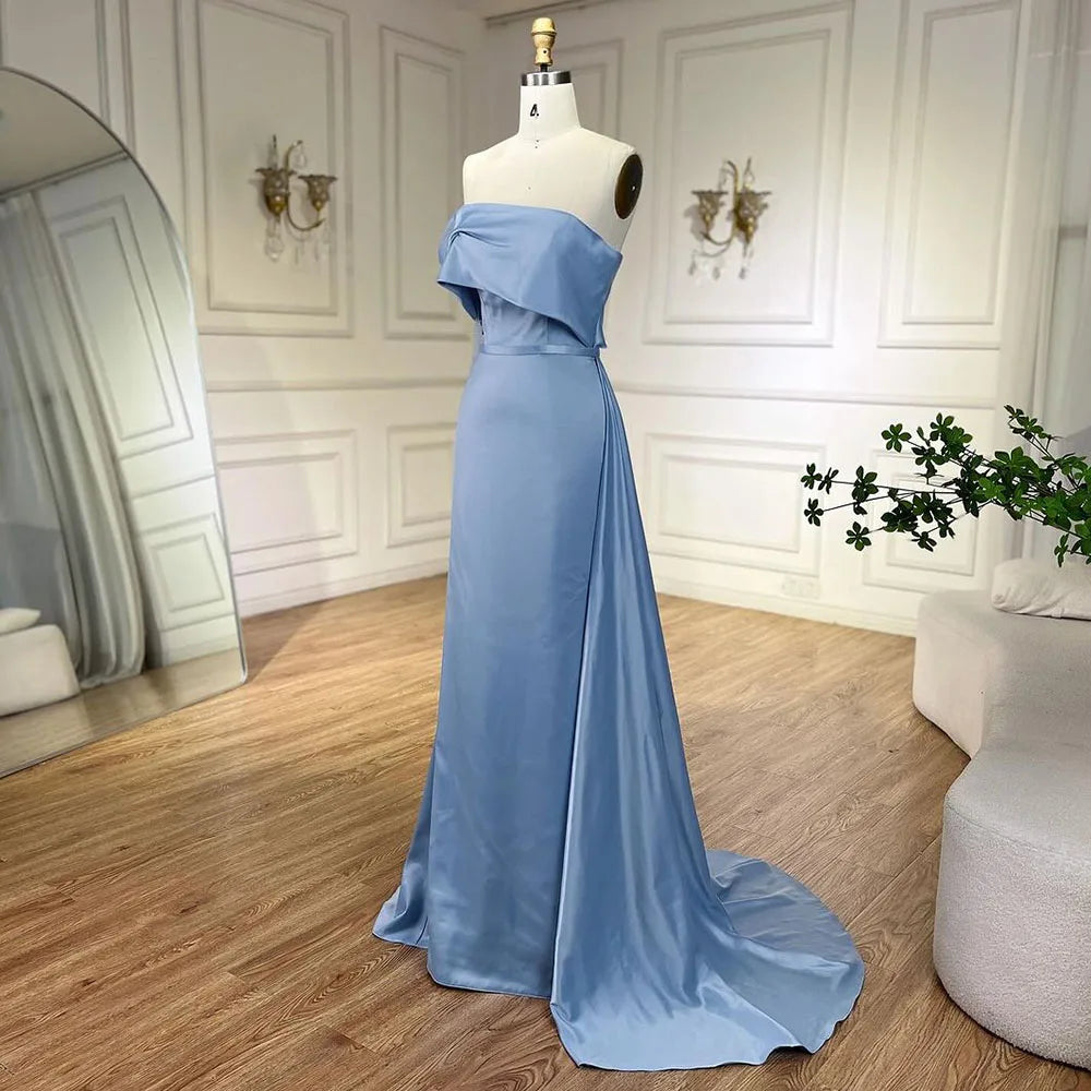 Vestidos de noche árabes de lujo, corte sirena, hombros descubiertos, satén azul Dubai 2025, para mujer, ideales para bodas y fiestas (LA72506) 