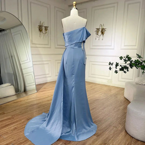 Vestidos de noche árabes de lujo, corte sirena, hombros descubiertos, satén azul Dubai 2025, para mujer, ideales para bodas y fiestas (LA72506) 
