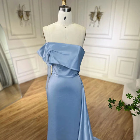 Vestidos de noche árabes de lujo, corte sirena, hombros descubiertos, satén azul Dubai 2025, para mujer, ideales para bodas y fiestas (LA72506) 