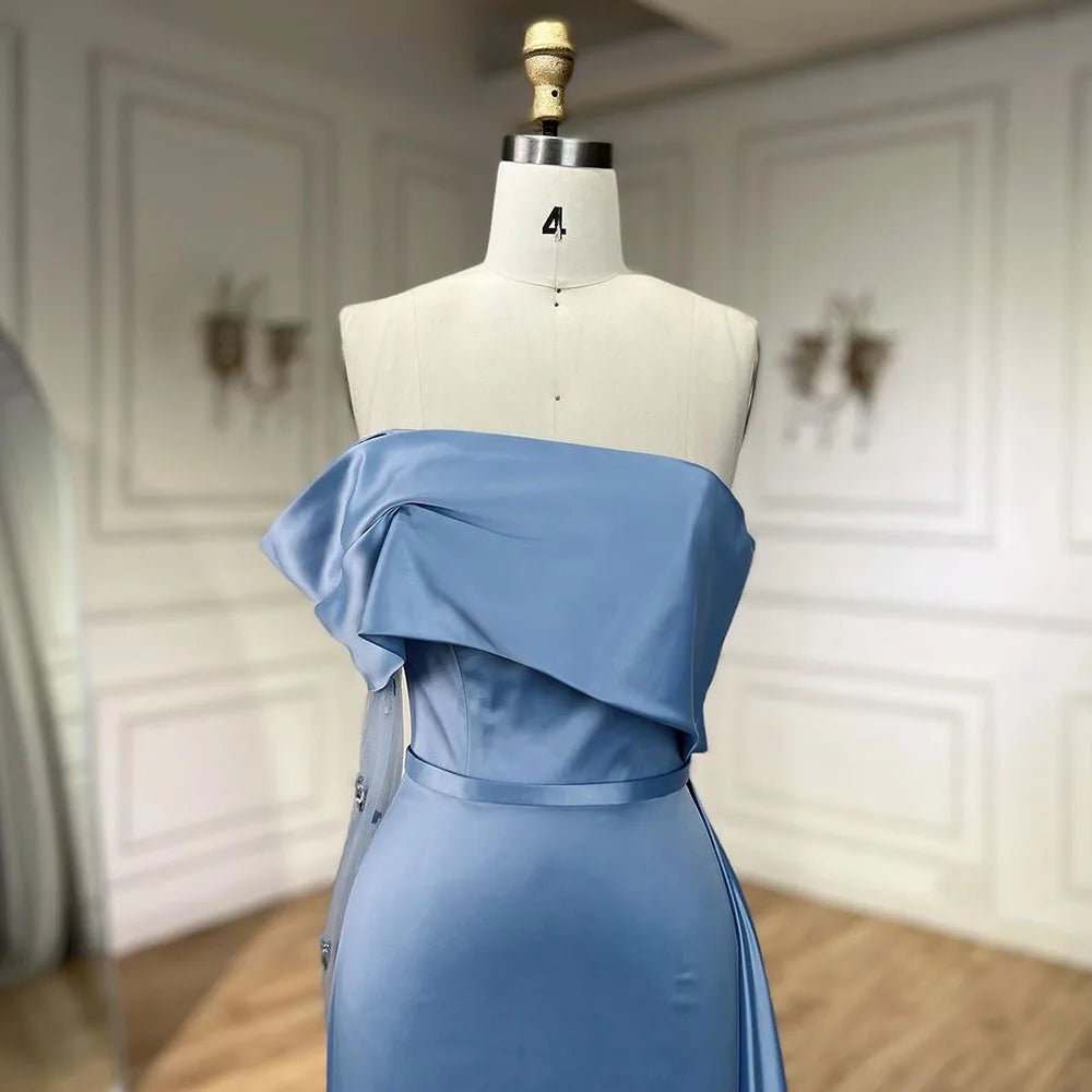 Vestidos de noche árabes de lujo, corte sirena, hombros descubiertos, satén azul Dubai 2025, para mujer, ideales para bodas y fiestas (LA72506) 